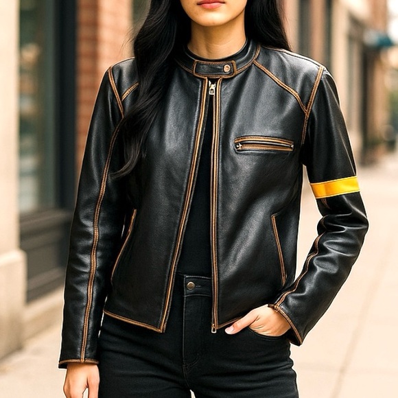 Vintage Jackets & Blazers - Vintage 90s Sheepskin Leather Moto Black & Yellow Striped Jacket Size L